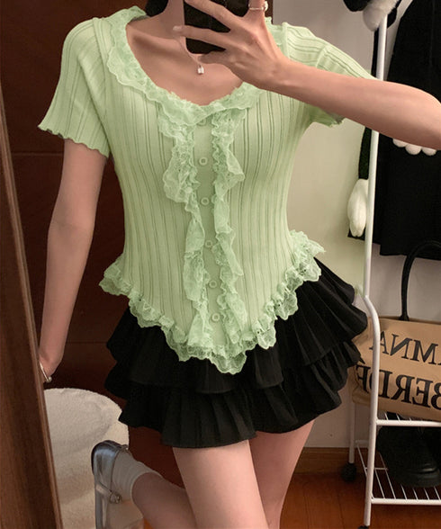 レースフリルニットトップスショート丈夏服 サマーニットレディース ラッフルレースニットソー 甘めコーデ お洒落 コンパクト タイトニット 半袖ニットTシャツ韓国風 6SENZHU-001